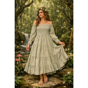 Aura maxi Dress S Sage Floral Smocked Off Shoulder Cottagecore Fairycore Boho